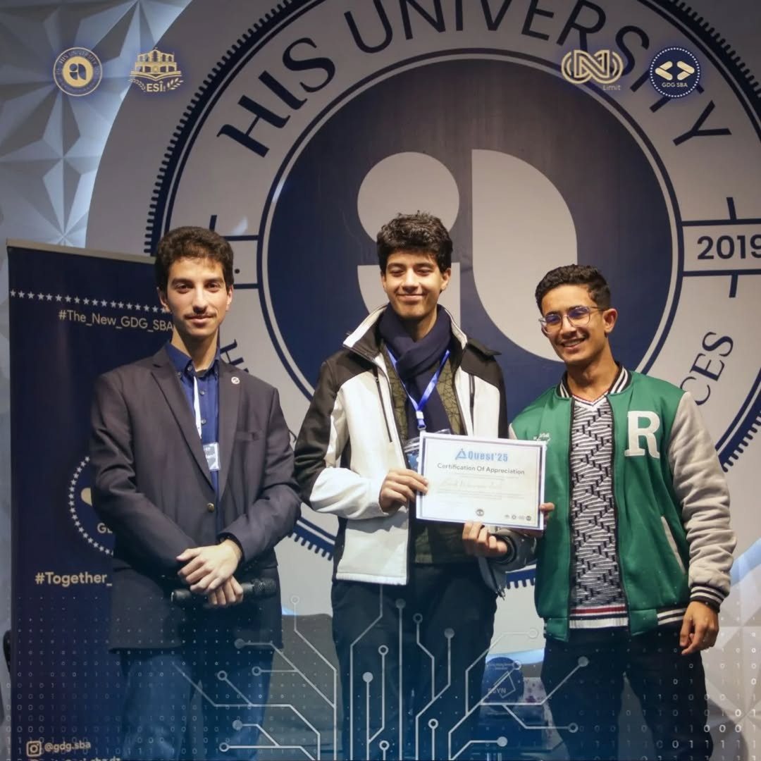 Mouadh with the AIQuest'25 team on stage at the certificate ceremony